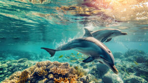 Graceful dolphins leaping joyfully in crystal clear turquoise waters against a backdrop of a vibrant coral reef