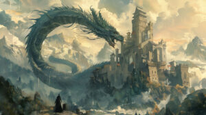 Graceful dragon with an anime style wraps around a majestic castle merging fantasy with magnificence in the wallpaper