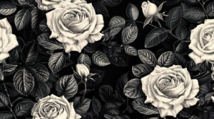 Gracefully adorning any space the black and white rose pattern with intricate design creates a symphony of contrasts and textures in Intricate black and white rose pattern