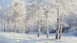 Group of birchwood trees in a snow covered landscape, their branches laden with frost and ice