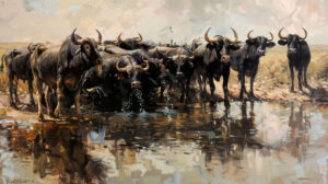 Group of black bulls gathering at a watering hole, their imposing figures creating a striking tableau against the savanna