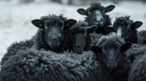 Group of black sheep huddled together for warmth, their woolly coats creating a cozy tableau against the cold