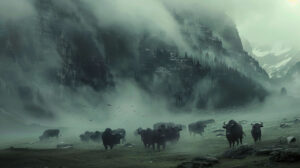 Herd of black bulls roaming through a misty valley, their muscular forms a testament to nature's raw power