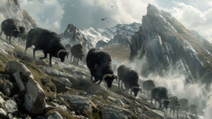 Herd of black sheep traversing a rugged hillside, their woolly forms blending seamlessly with the rocky terrain