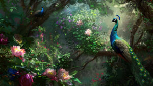 Immerse yourself in a tranquil haven teeming with verdant foliage and colorful flowers where majestic peacocks flaunt their striking plumage freely