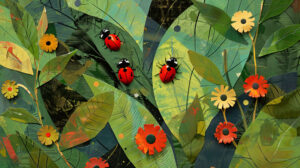 In a charming garden wallpaper cheerful ladybugs traverse a colorful landscape of leaves and flowers adding a touch of delight
