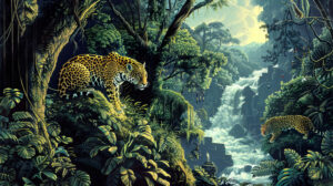 In a fantastical setting jaguars meander through an unreal jungle landscape captured in surreal jungle with jaguars.jpg