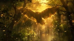In this wallpaper rays of golden light shine through the forest canopy casting a mystical glow on the majestic flight of a large bird