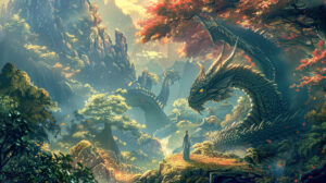 In this wallpaper titled Anime dragon guardian standing watch over a hidden treasure trove a guardian dragon protects a hidden trove of secrets from the past