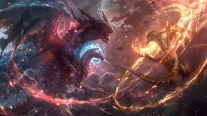 Intense battle scene with anime dragons locked in combat, surrounded by swirling energy