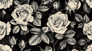 Intricate black and white rose pattern, a symphony of contrasts and textures adorning any space with grace