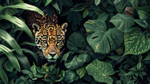 Jaguar camouflage pattern against a lush green jungle, highlighting its adaptability