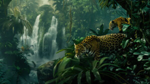 Jaguars in a surreal jungle setting with an imaginative and dreamlike landscape can be found in the wallpaper titled Surreal Jungle with Jaguars