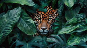 Jungle themed wallpaper featuring a jaguar blending seamlessly in lush green foliage showcasing its ability to adapt