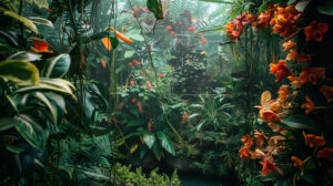 Jungle vines and lush vegetation against a vibrant backdrop, creating a lively scene