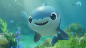 Kawaii style shark character with chubby cheeks and a heartwarming expression, bringing joy to your screen