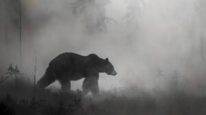 Lone black bear roaming through a misty forest, its silhouette a symbol of wild beauty and untamed wilderness