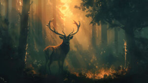 Lone stag with antlers held high, a regal guardian of the woodland domain