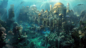 Lost city of Atlantis surrounded by an array of marine flora and fauna, creating a biodiverse habitat