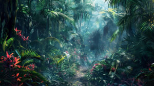 Lush rainforest canopy with vibrant foliage, creating a rich and immersive atmosphere