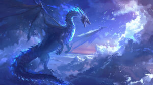 Majestic anime dragon soaring through a celestial sky, radiating power and grace