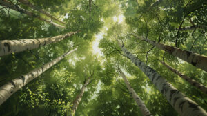 Majestic birchwood tree canopy overhead, with sunlight filtering through the leaves to create a dappled pattern on the forest floor
