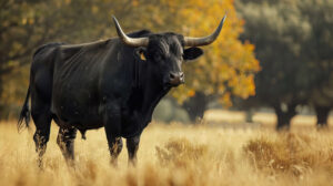 Majestic black bull proudly standing in a field emanating strength and dignity with its powerful presence wallpaper.jpg