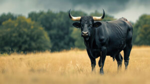 Majestic black bull standing confidently in a field emanating strength and dignity with its powerful presence wallpaper