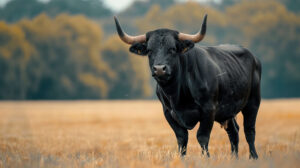 Majestic black bull standing proudly in a field, its powerful presence exuding strength and dignity