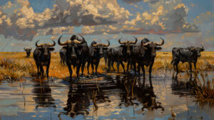 Majestic black bulls congregating at a watering hole their impressive presence forming a captivating scene amidst the savanna landscape
