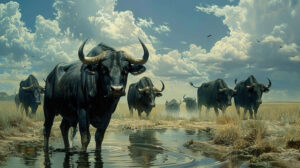 Majestic black bulls converge at a watering hole in the savanna their impressive presence forming a captivating scene against the landscape