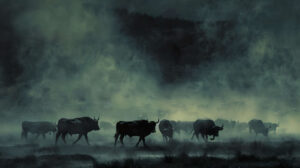 Majestic black bulls in a misty valley showcasing the raw power of nature in their muscular forms