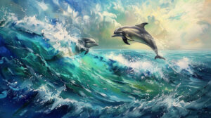 Majestic dolphins gliding effortlessly through sparkling waves amid a seascape painted with shades of blue and green