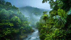 Mesmerizing wallpaper capturing a vibrant rainforest setting with a meandering river amidst lush greenery in the backdrop