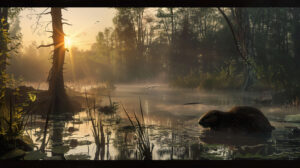 Misty morning as beavers begin their industrious day in their tranquil domain captured in Dawn in a Beavers Domain wallpaper