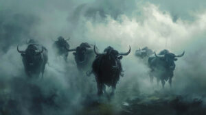 Misty valley backdrop with a herd of impressive black bulls embodying the raw strength of natures might. Photograph file name Powerful Nature Scene.jpg
