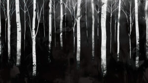 Monochrome wallpaper featuring a forest of abstract birch trees where the white trunks contrast sharply with the dark background