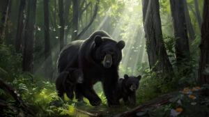 Mother black bear and cubs exploring a lush woodland, a heartwarming scene of family unity and adventure