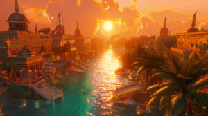 Mystical cityscape of Atlantis at sunset, casting a warm and magical glow