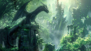 Mystical forest setting with an anime dragon perched on ancient ruins, exuding mystery