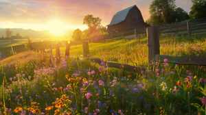 Peaceful sunrise in a barnyard where golden light filters through wooden fences onto a field of vibrant wildflowers creating a serene wallpaper