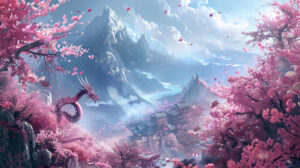 Peaceful wallpaper featuring a dragon relaxing amid cherry blossoms evokes a sense of calm.jpg