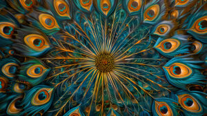 Peacock feathers form an artistic mandala pattern expressing beauty and harmony in this captivating wallpaper file named Peacock Mandala