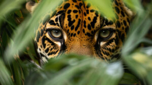 Peek a boo intense gaze of a jaguar framed by foliage in Jaguar watchfulness and intensity wallpaper.jpg