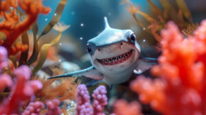 Peekaboo from a cute shark pup behind coral luring you into its underwater realm with a playful smirk wallpaper.jpg