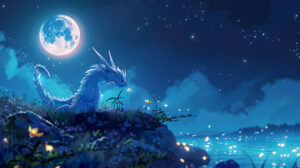 Playful anime dragon chasing fireflies through a moonlit meadow, capturing innocence