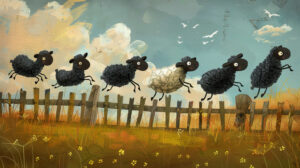 Playful wallpaper featuring a whimsical black sheep leaping over a rustic fence perfect for bringing a touch of fun to any room