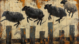 Quirky wallpaper featuring a black sheep leaping over a rustic fence infusing a fun and whimsical vibe into any space