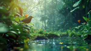 Rainforest symphony with chirping birds, buzzing insects, and flowing water, bringing life to your screen