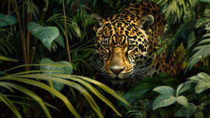 Seamless jungle ambiance featuring a concealed jaguar seamlessly merging with the surroundings